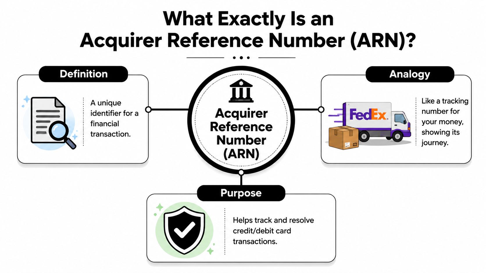 An infographic explaining an Acquirer Reference Number (ARN) as a unique transaction identifier used for tracking payments.