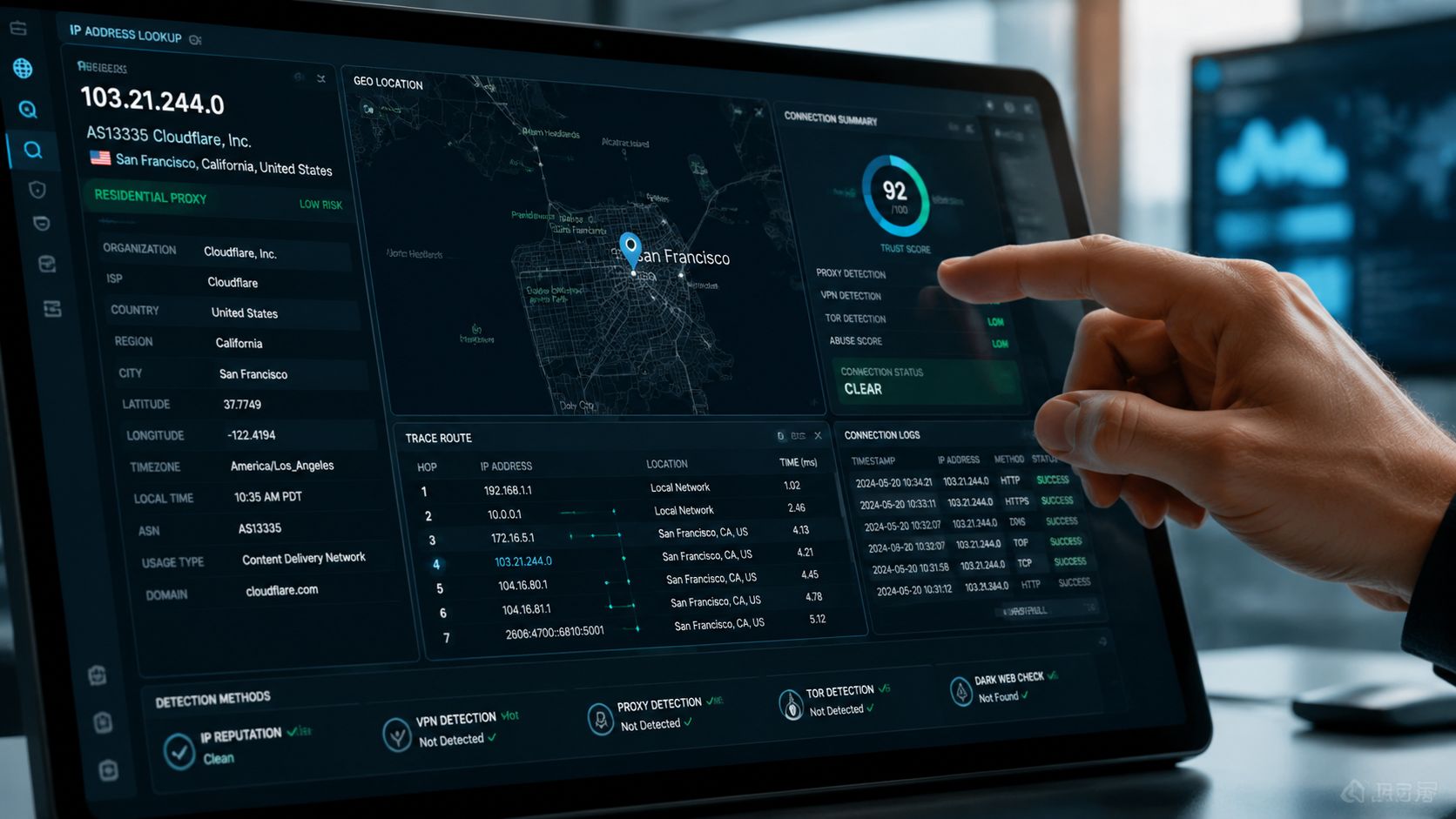 A person using a touchscreen tablet to view detailed IP address verification and network security analytics.