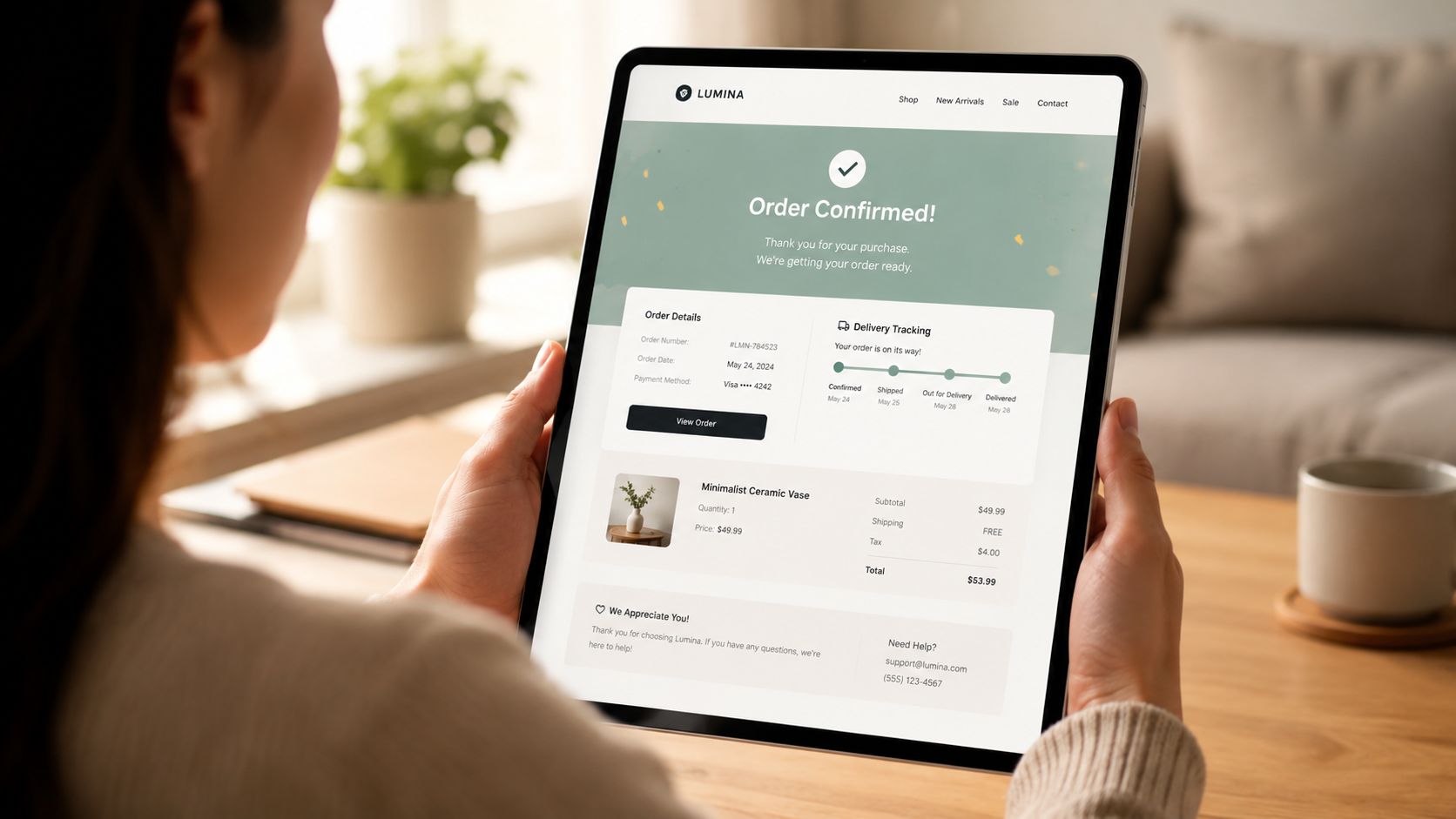 A person holding a tablet displaying an order confirmation page for a minimalist ceramic vase from Lumina.