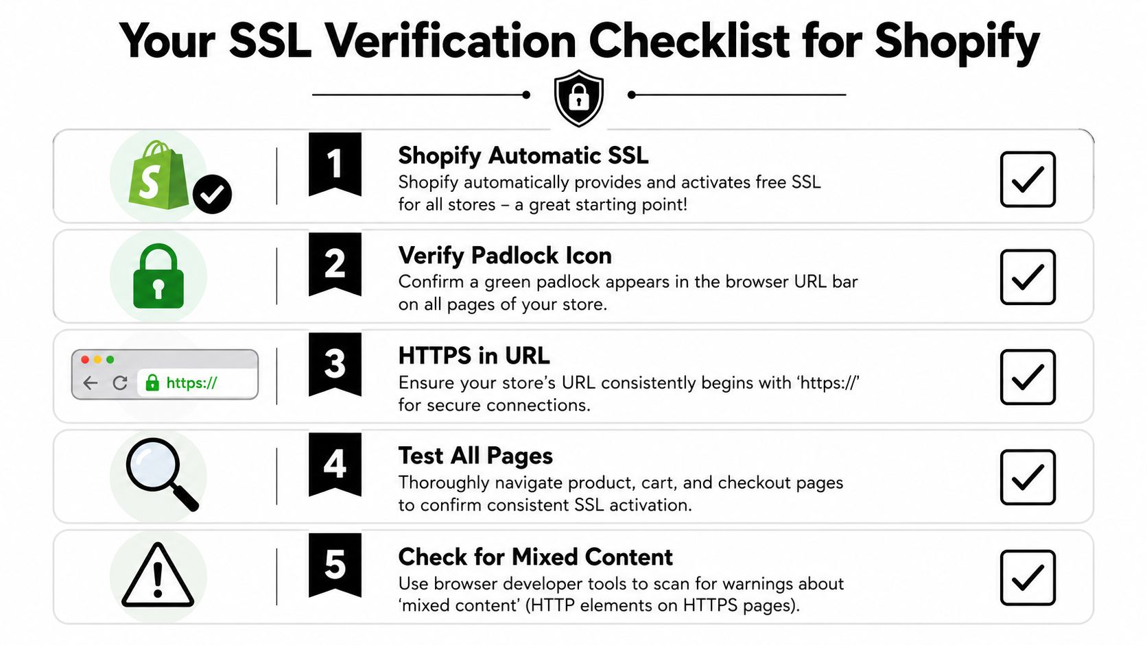 A checklist infographic outlining five essential steps to verify SSL certificate security for Shopify ecommerce stores.