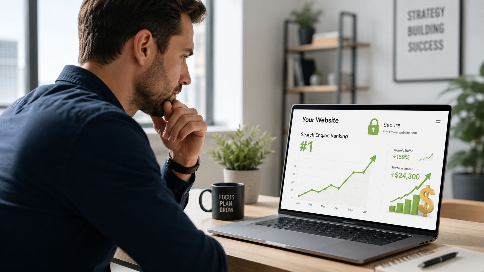 A professional man looks at a laptop screen displaying website analytics and security status updates.