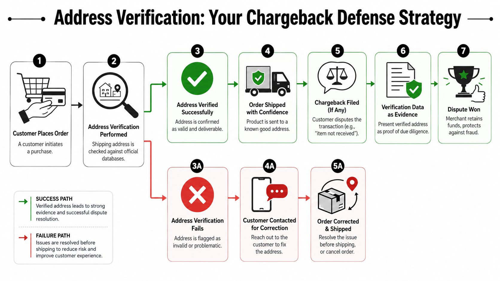 A flowchart showing how address verification helps merchants win chargeback disputes and manage failed delivery attempts.