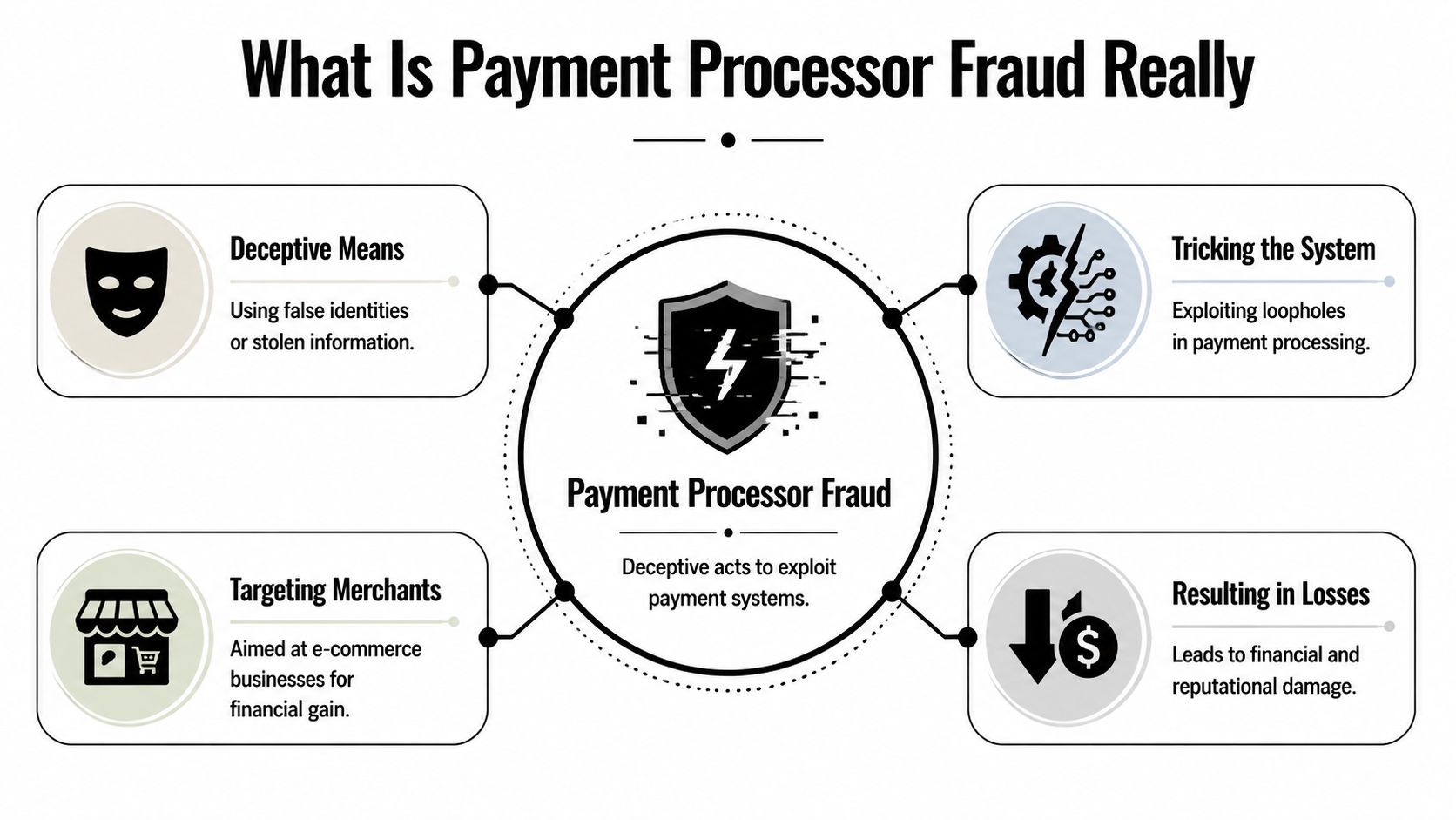An infographic titled What Is Payment Processor Fraud Really, explaining its definition, methods, targets, and consequences.
