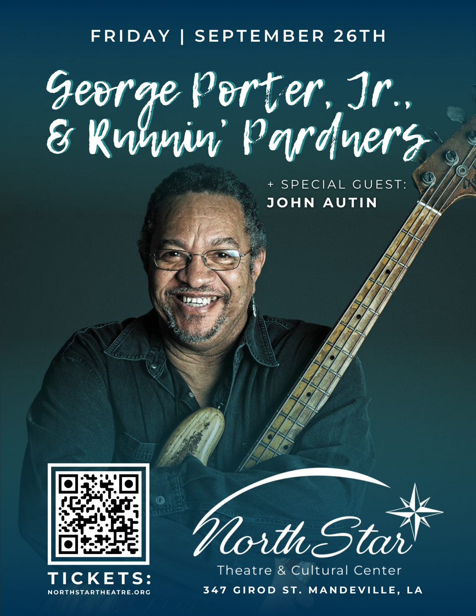 Poster for George Porter, Jr & Runnin' Pardners playing live music at North Star Theatre in Mandeville
