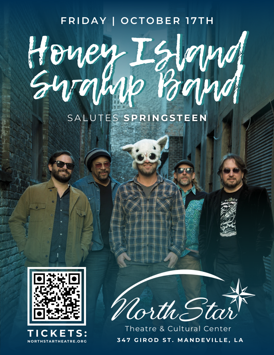 The poster for Honey Island Swamp Band playing live music at the North Star Theatre in Mandeville