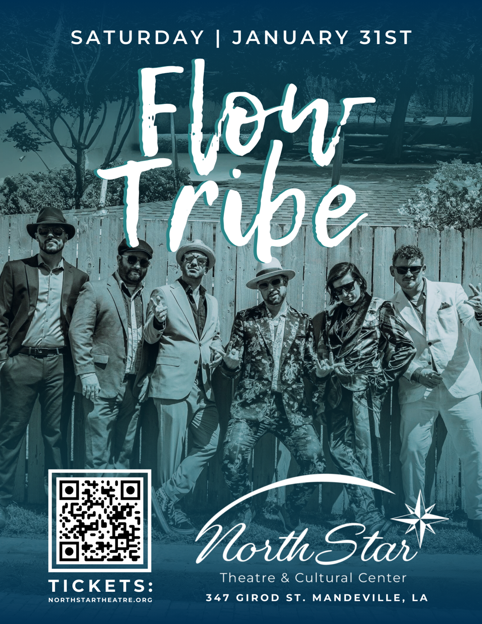 Concert poster for Flow Tribe with photo of the band for upcoming show at the North Star Theatre in Mandeville