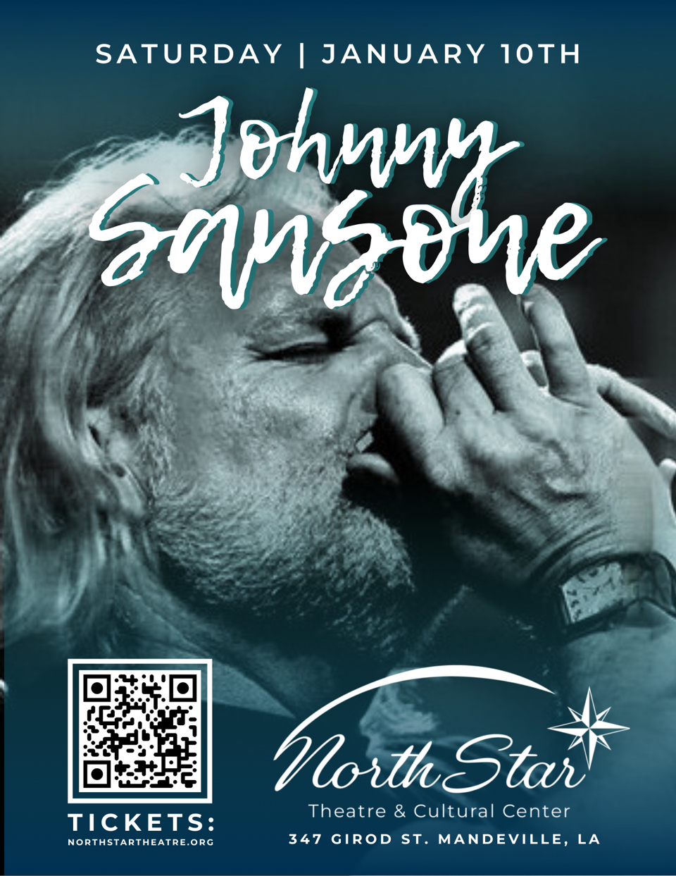 The show graphic for Johnny Sansone with his picture singing for his concert at the North Star Theatre in Mandeville