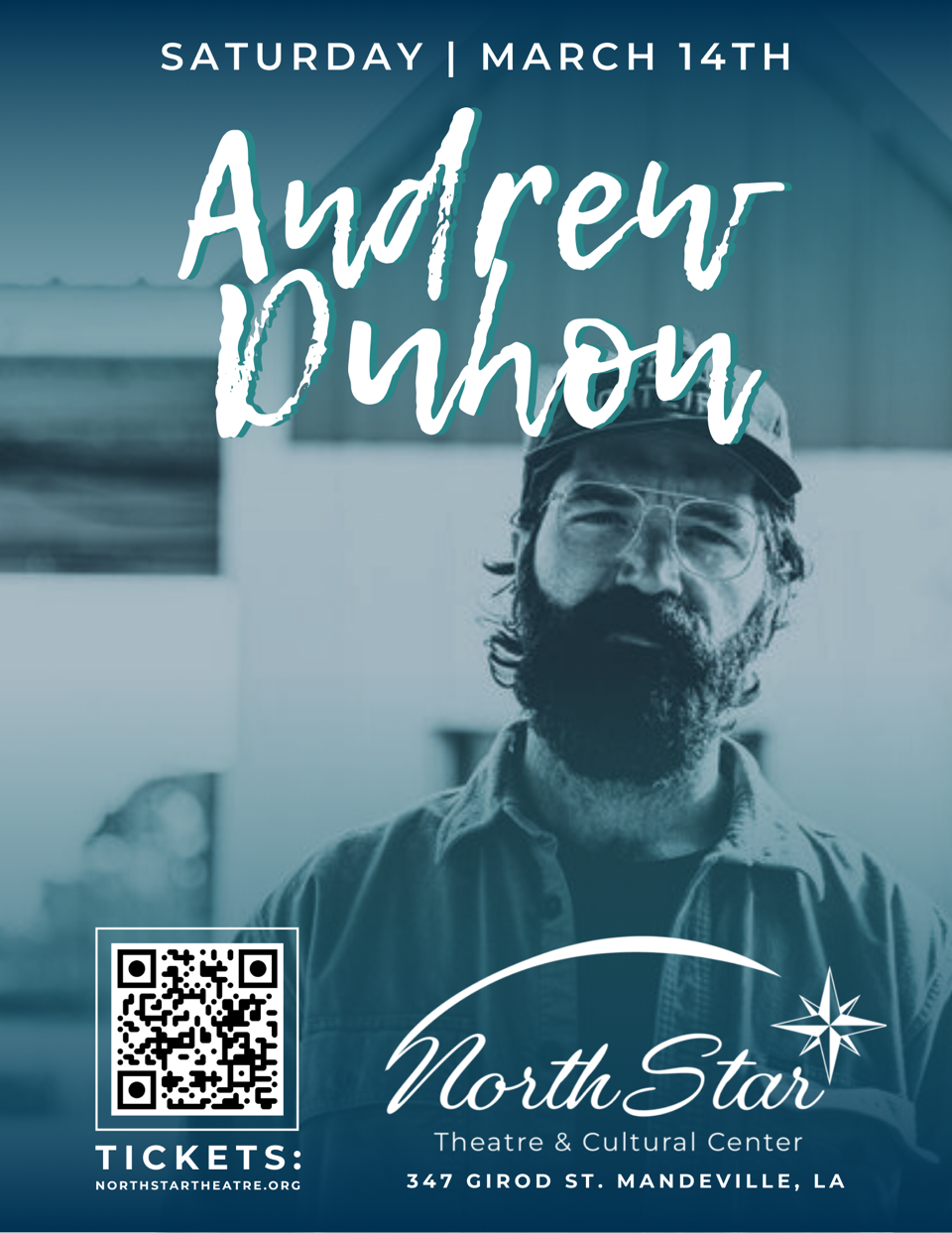 Concert poster for Andrew Duhon playing live music in Mandeville at North Star Theatre