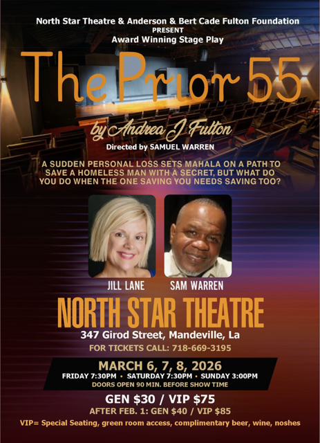 Theater poster for the play "The Prior 55" at the North Star Theatre in Mandeville, LA