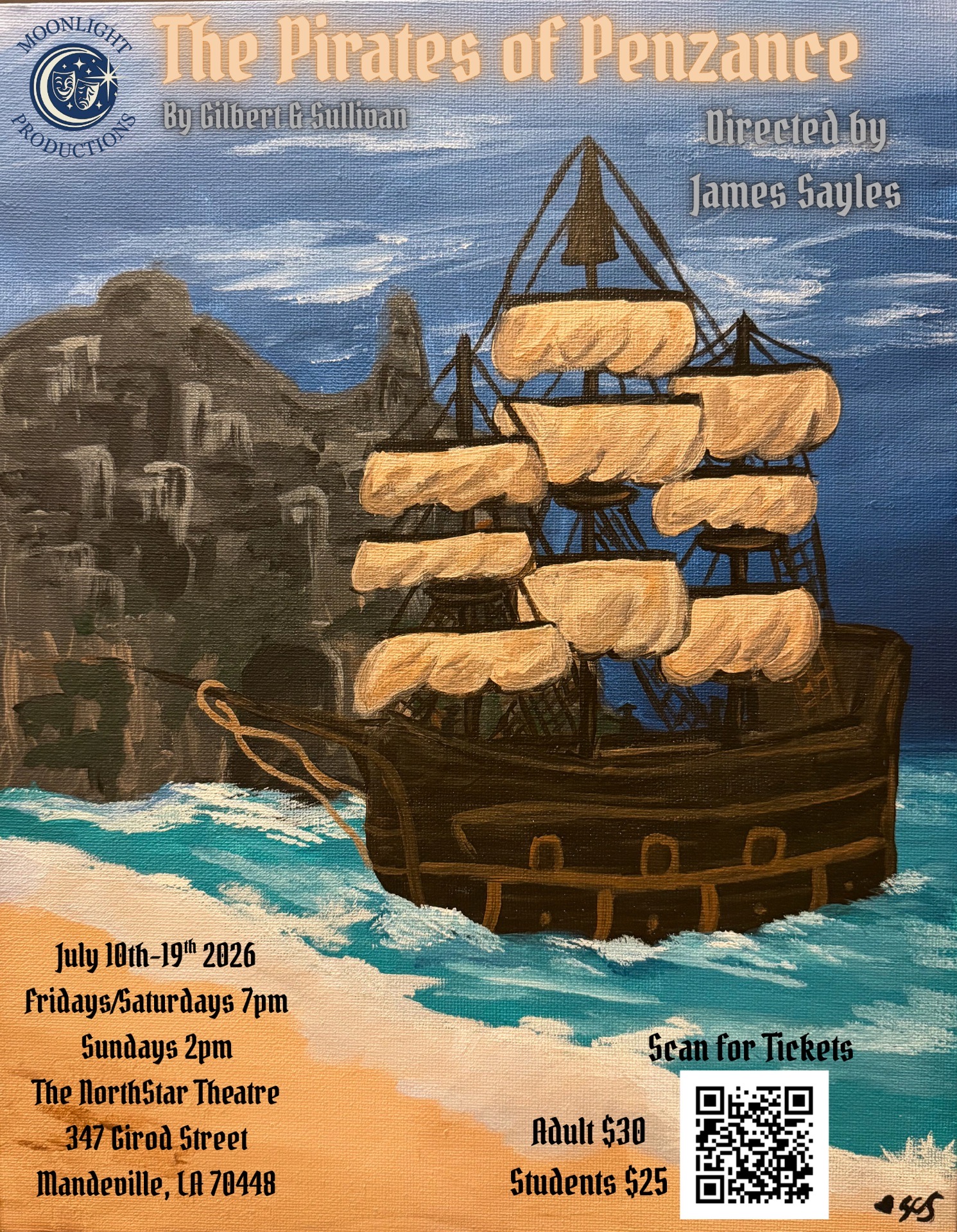 A colored drawing of a pirate ship along a beach for The Pirates of Penzanze play at North Star Theatre