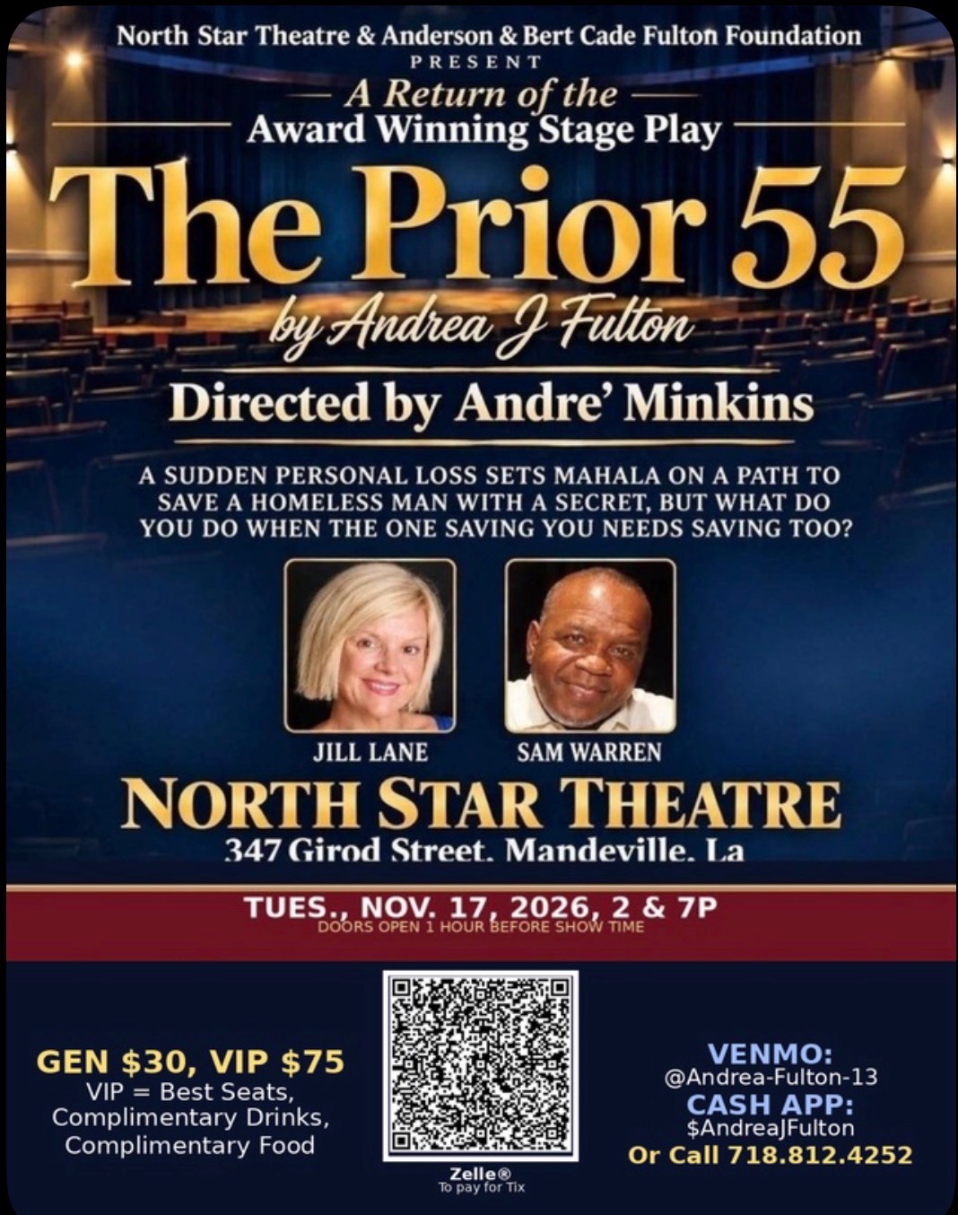 The poster for the upcoming performance of The Prior 55 at the North Star Theatre in Mandeville, Louisiana