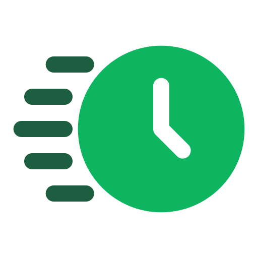 Green clock icon showing 3 o'clock with motion lines to the left indicating speed or fast time.