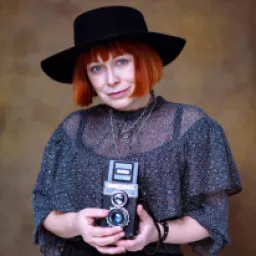 Femeie cu păr roșu și pălărie neagră ținând o cameră foto vintage.