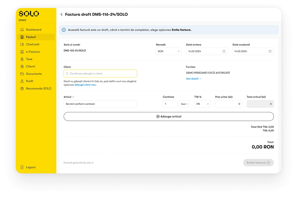 Emiți o factură în doi pași simpli și o trimiți direct clientului