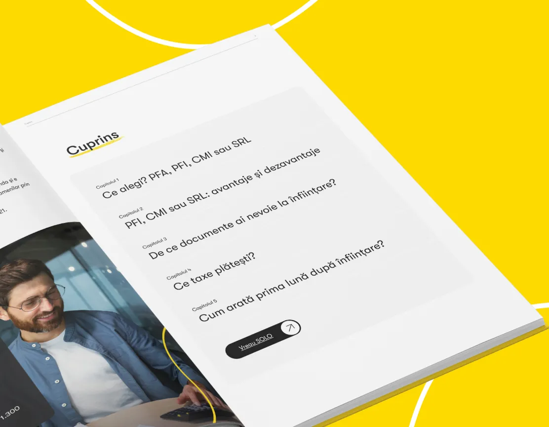 Pagina de cuprins a unui ghid, afișând capitole despre alegerea tipului de firmă, avantaje și dezavantaje, documentele necesare și taxele plătite.