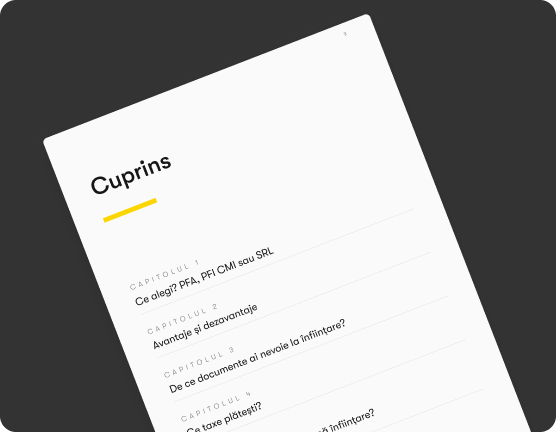 Pagina de cuprins a unui ghid, afișând capitole despre alegerea tipului de firmă, avantaje și dezavantaje, documentele necesare și taxele plătite.