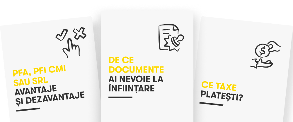 Trei carduri plasate orizontal cu text în limba română: Avantaje și dezavantaje pentru PFA, PFI, CMI sau SRL; De ce documente ai nevoie la înființare; Ce taxe plătești?, fiecare card având o pictogramă simplificată legată de temă.