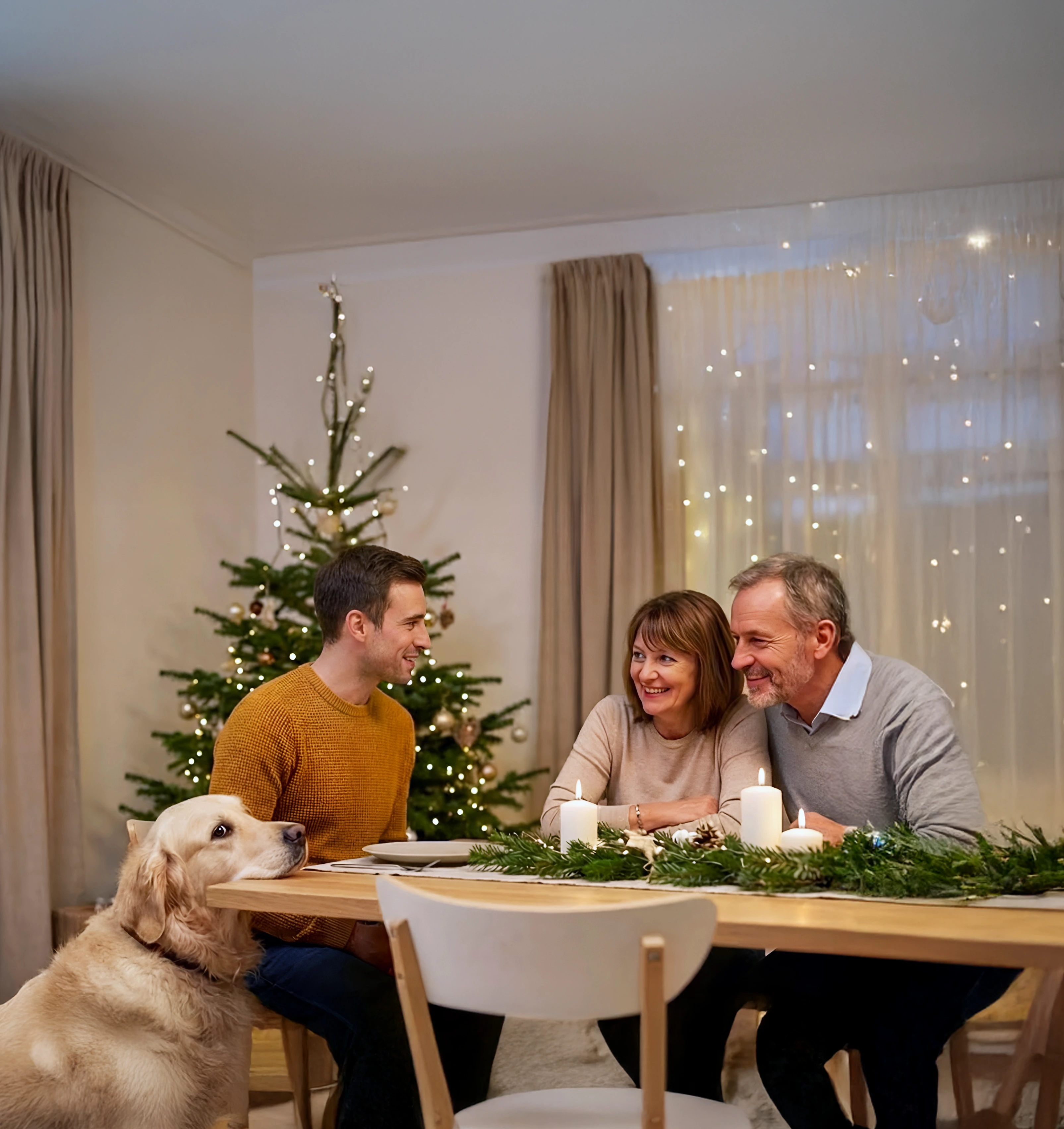 A family of three and a dog talking over Christmas dinner table.