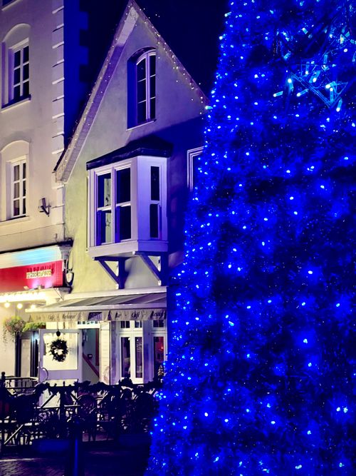 Christmas Lights set against the backdrop of Poole Quay Buildings