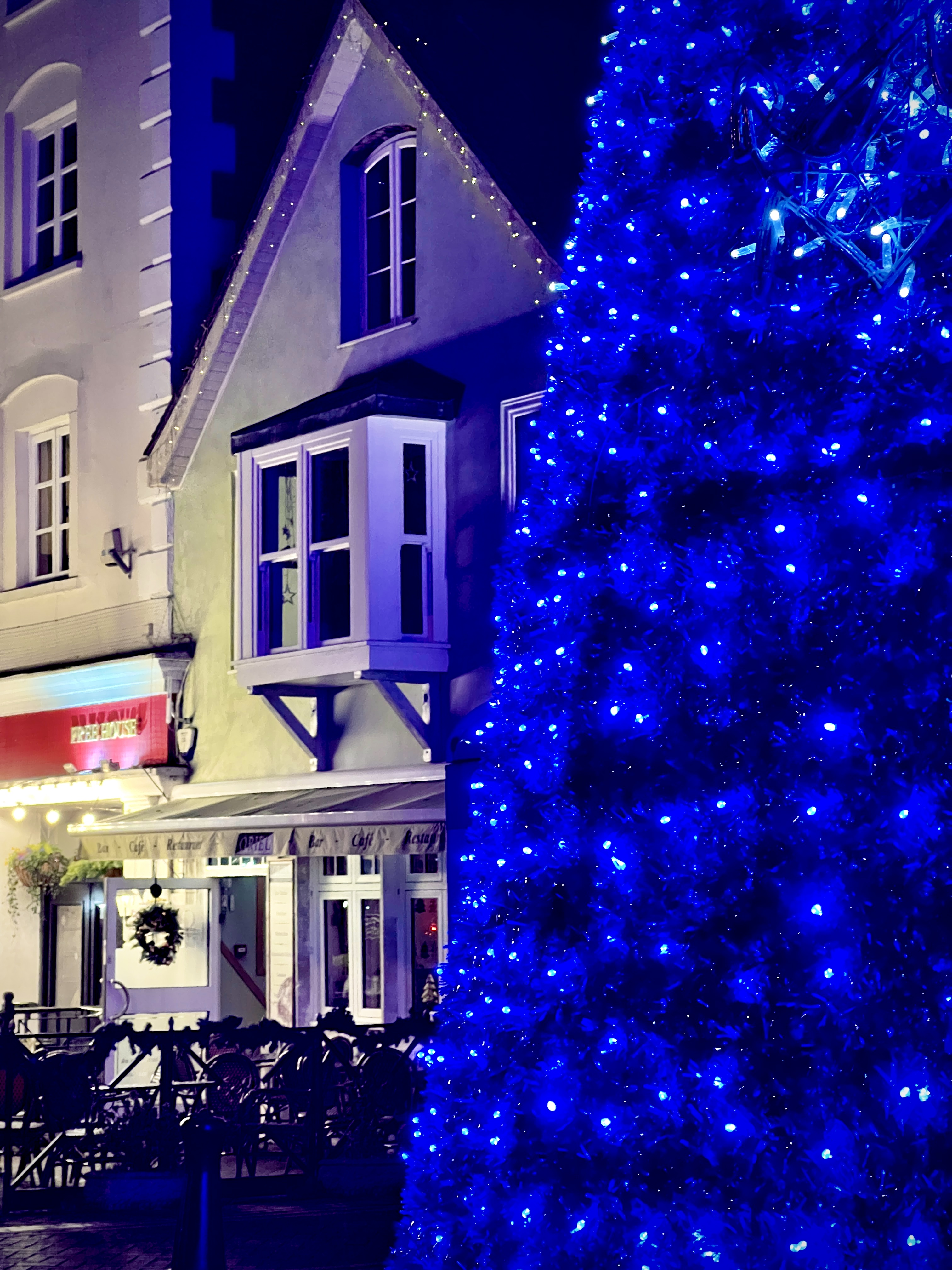 Christmas Lights set against the backdrop of Poole Quay Buildings