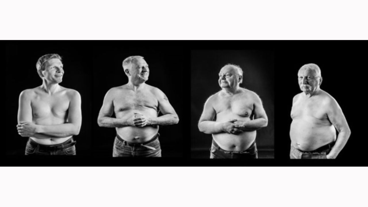 Quatre hommes posent sur des photos en noir et blanc pour une campagne de sensibilisation au cancer du sein chez les hommes