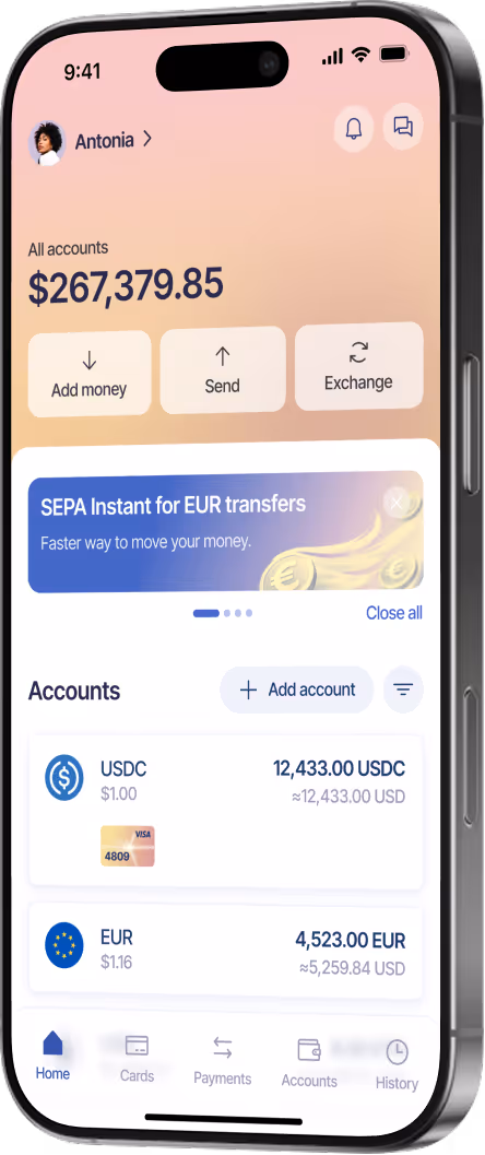 Keytom app home screen showing a $267,379 total balance with USDC and EUR accounts, SEPA Instant banner, and Send, Add money, Exchange actions