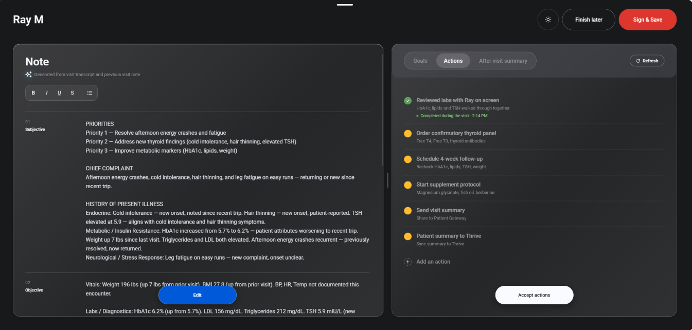 Wellpro IHR visit screen: the note drafted from the visit transcript beside the list of actions ready to accept