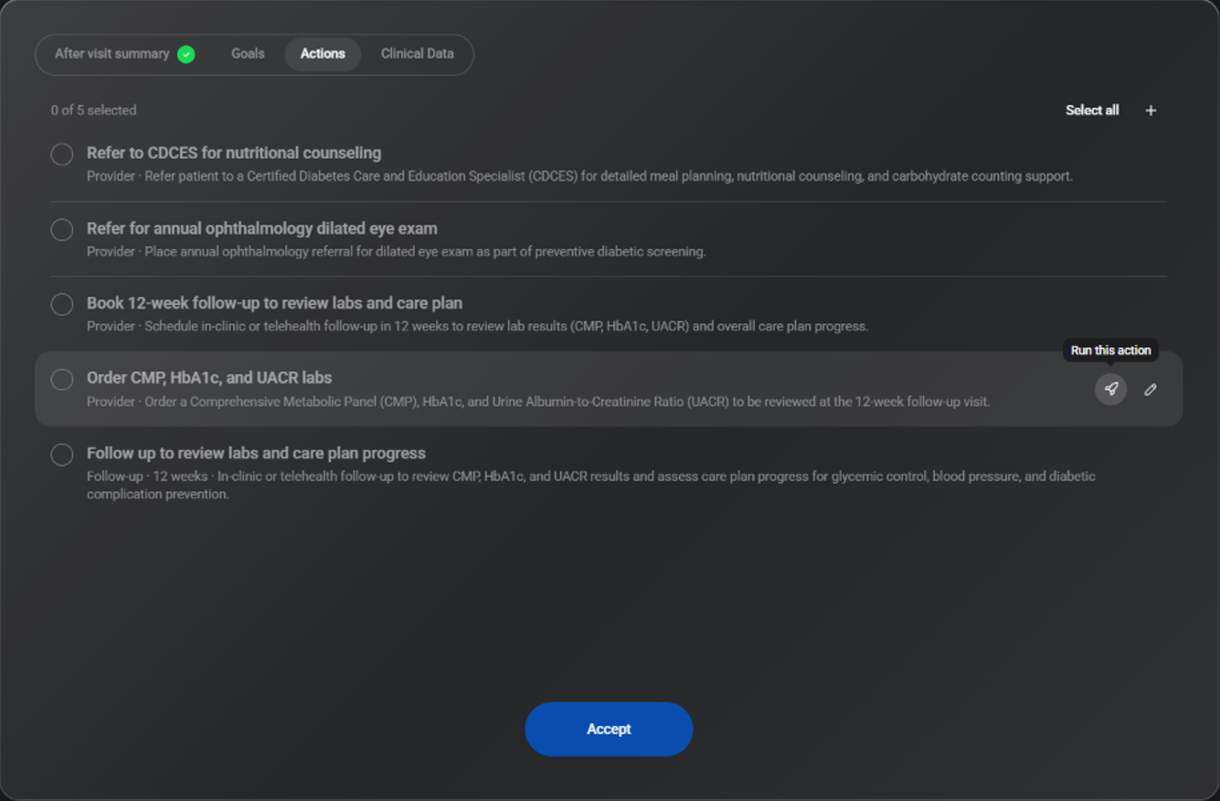 Wellpro visit actions: referrals, lab orders and the follow-up drafted from the visit, each with a Run this action button