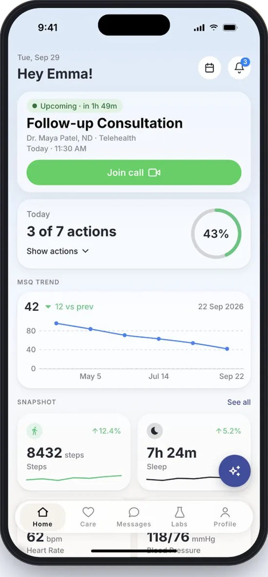Home: upcoming telehealth visit, 3 of 7 actions done, symptom trend, steps and sleep