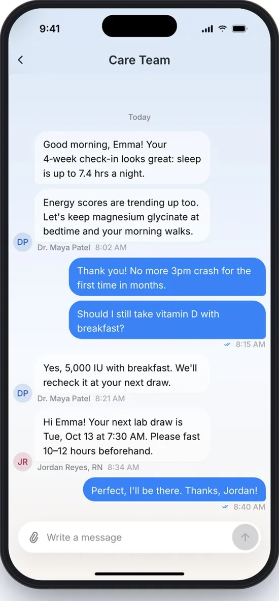 Messages with the care team about a 4-week check-in and an upcoming lab draw