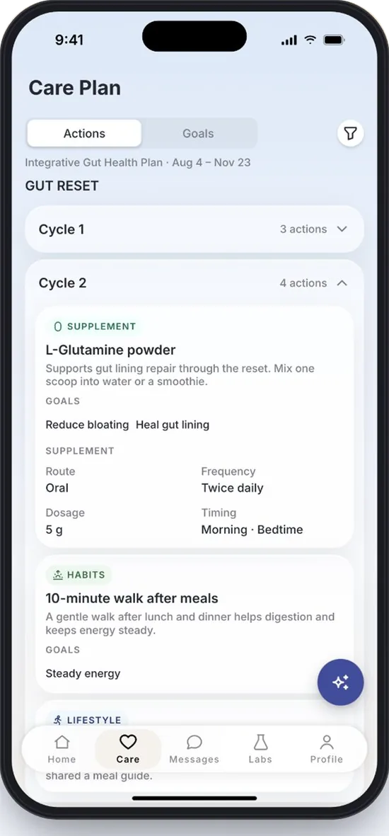 Care plan: gut reset plan in cycles, with dosing, timing and goals for each supplement and habit