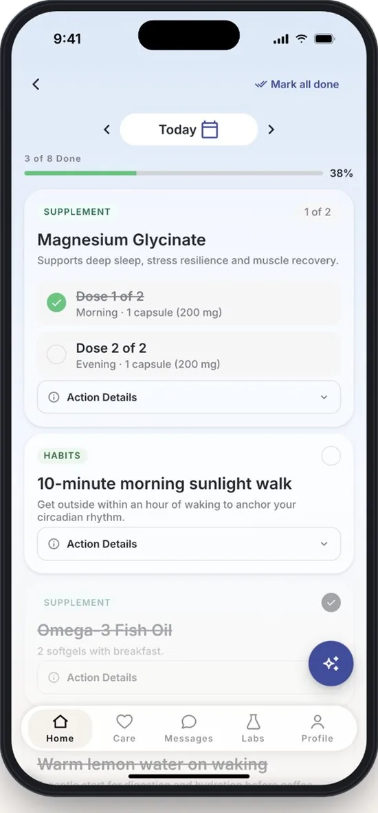 Today’s plan: magnesium glycinate doses and a morning sunlight walk, 3 of 8 done