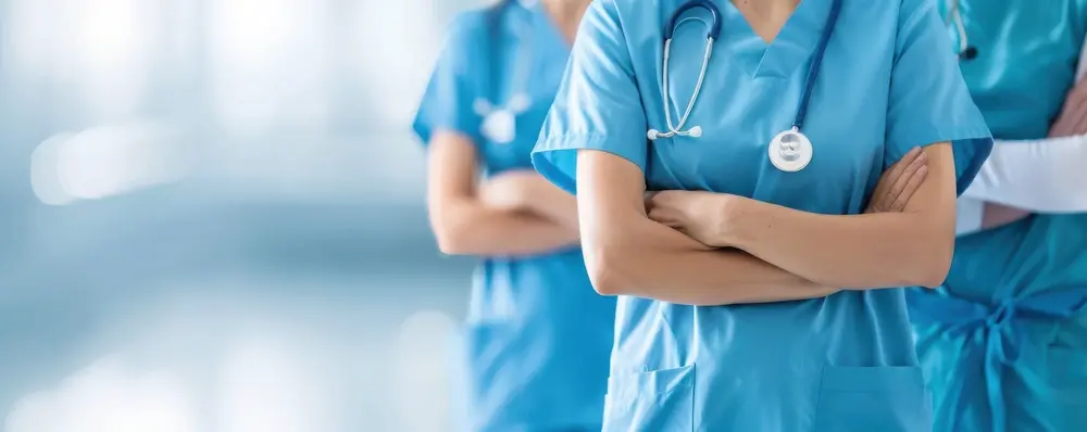 Three healthcare professionals in blue scrubs standing with arms crossed, one wearing a stethoscope.