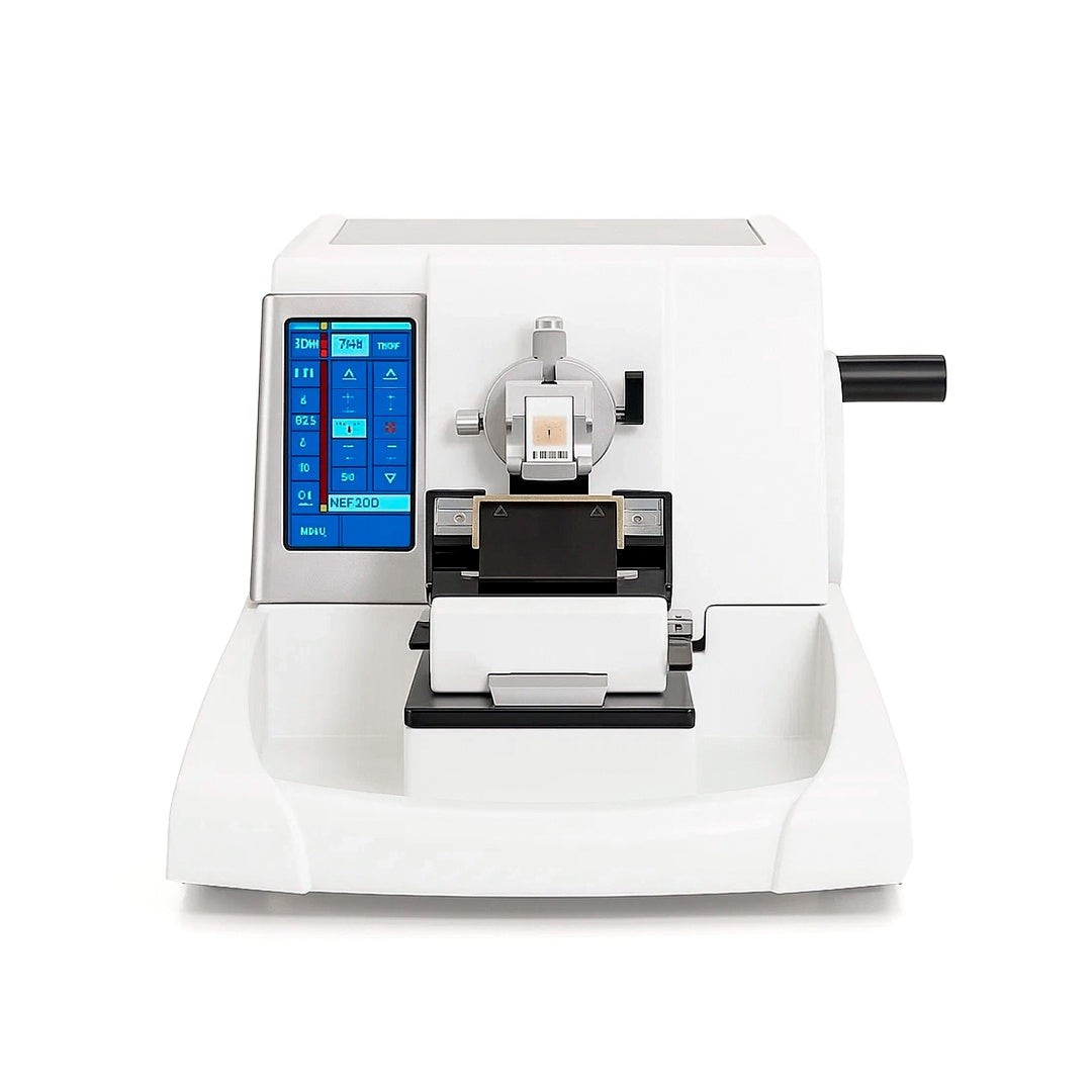 White microtome machine with a digital touchscreen on the left and a specimen holder in the center.