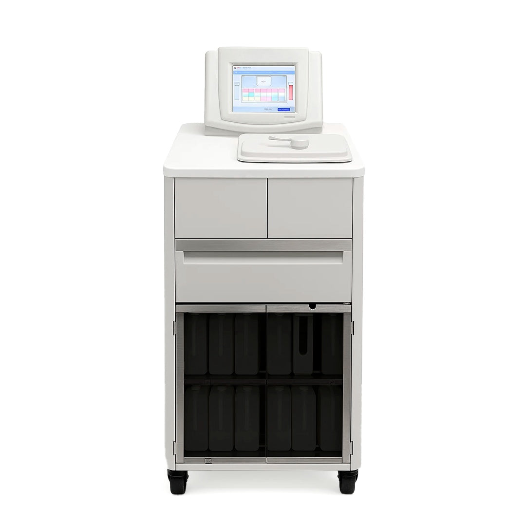 Modern tissue processor machine with touchscreen display and storage compartments on wheels.