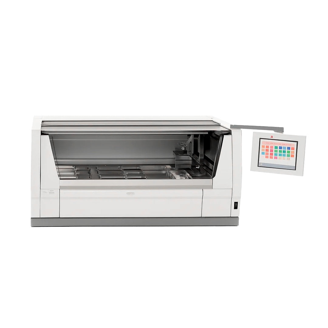 Laboratory slide stainer machine with a touchscreen control panel displaying color blocks.