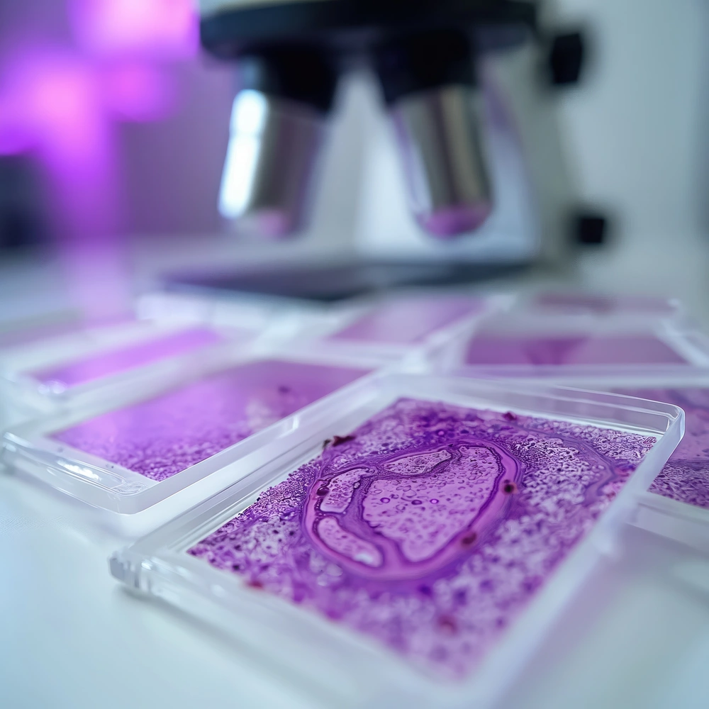 Close-up of stained microscope slides arranged on a white surface with a microscope in the background.