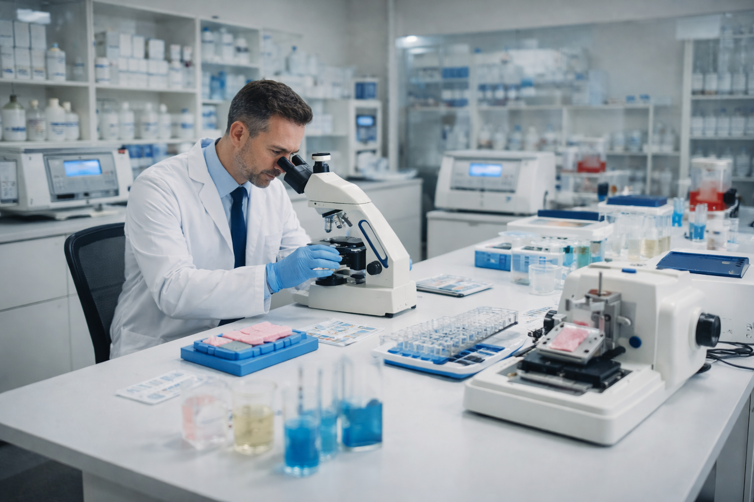 Two female scientists in white lab coats looking at a computer screen in a modern laboratory.
