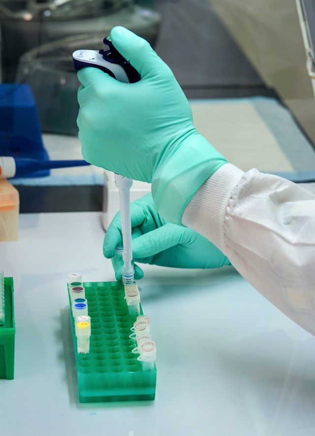 Gloved hand using a pipette to transfer liquid into small tubes organized in a green rack on a lab bench.