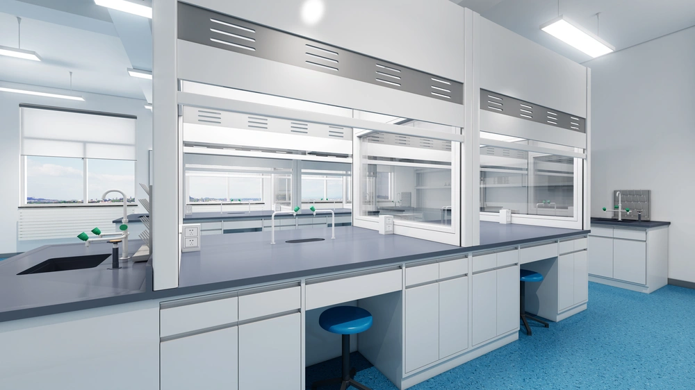 Bright, modern laboratory with white cabinetry, blue stools, black countertops, sinks, and large windows letting in natural light.