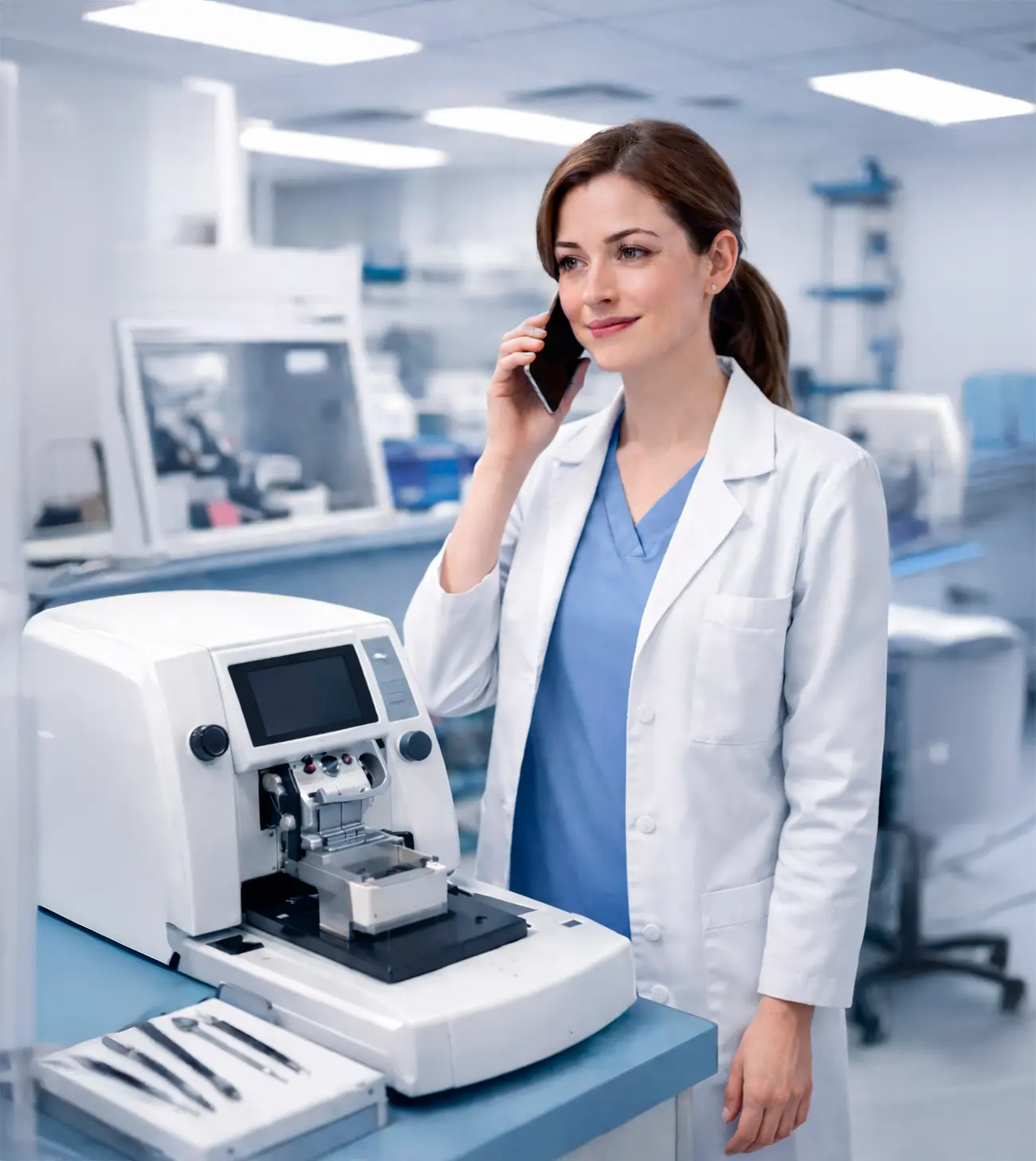 Side view of an open laptop on a wooden table with a blurred window in the background.
