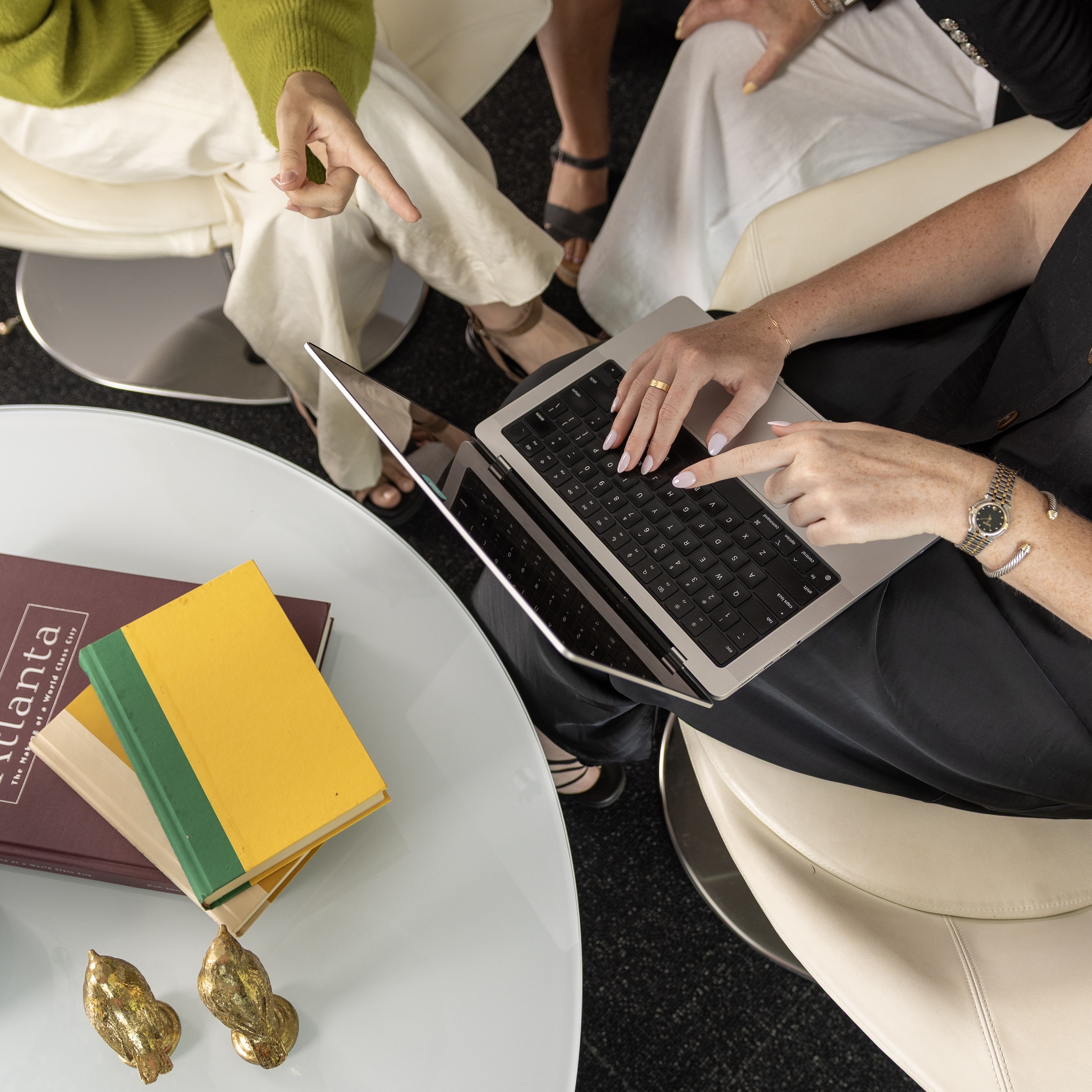 The Goldfinch team working together around a laptop.