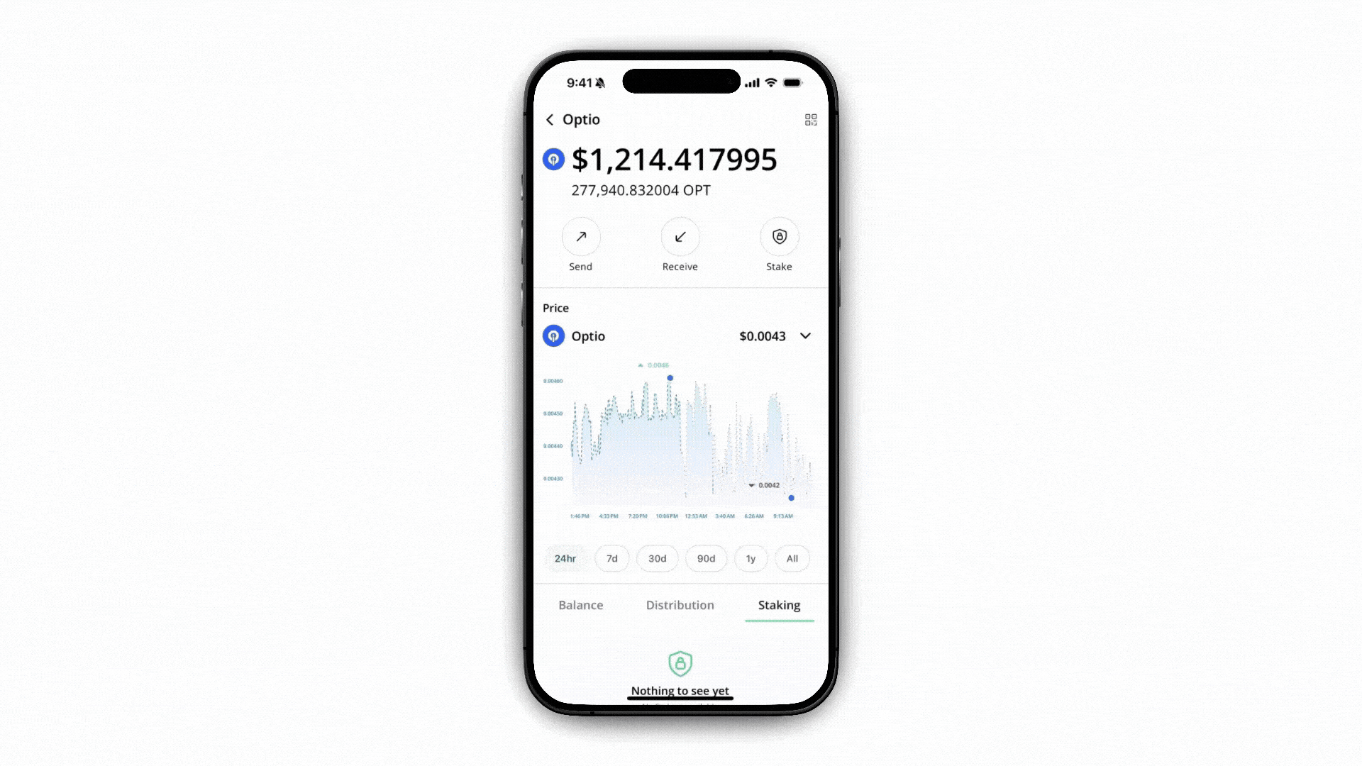 Kyvo Stake screen showing OPT amount entry, validator selector, Unstaking Wait Time (21 days), Rewards Paid Every (1 day), and ‘Staking involves risks’ notice