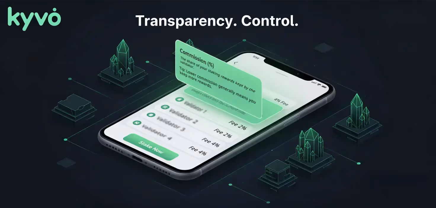 Kyvo validator metrics panel showing Commission percentage with a tip and note about rewards and rate changes.