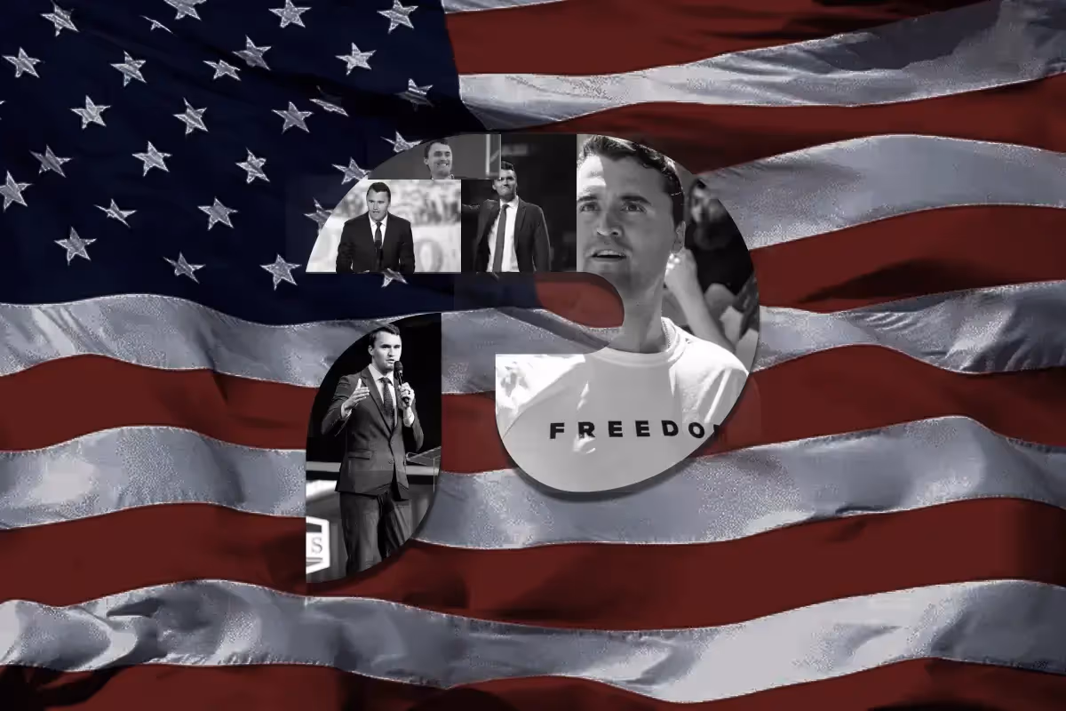 Images of Charlie Kirk within the Parler logo with the American Flag waving behind