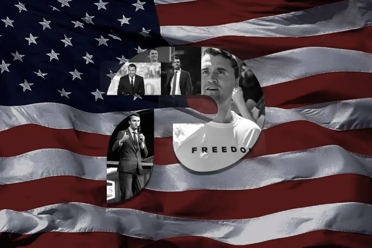 Images of Charlie Kirk within the Parler logo with the American Flag waving behind