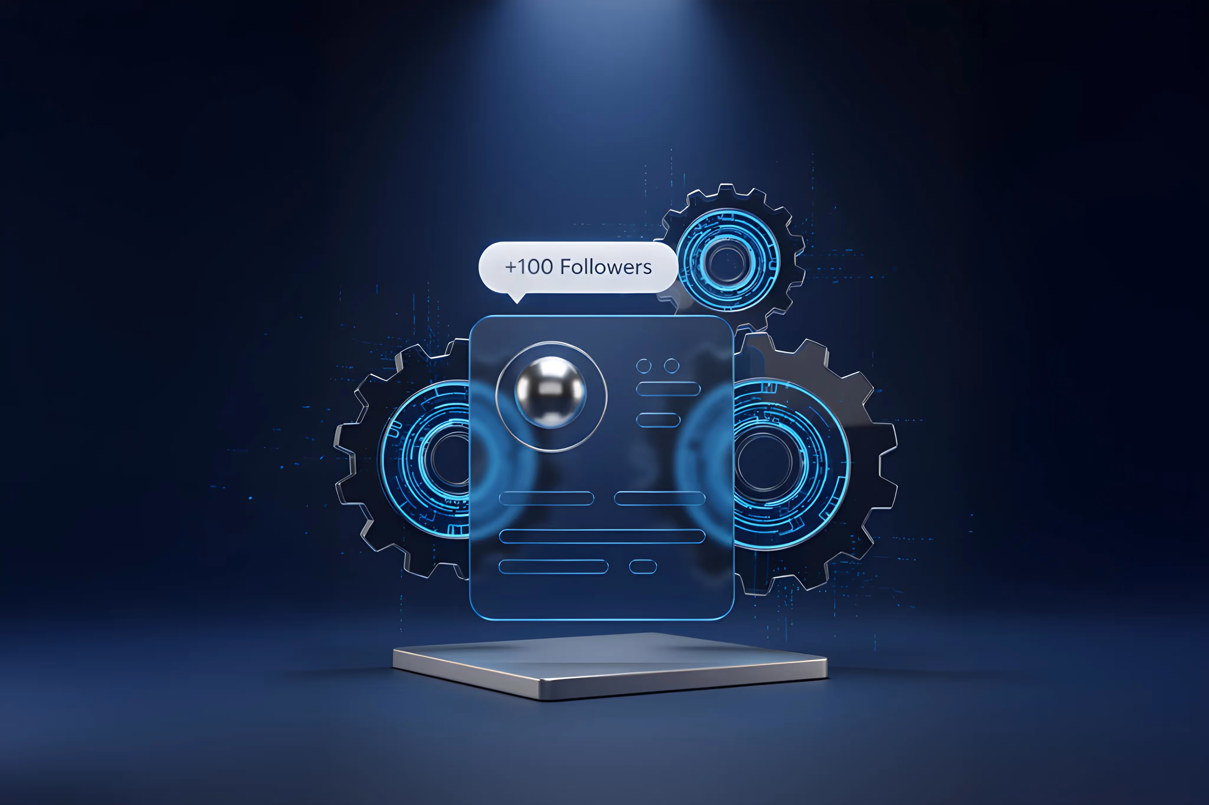 spotlight on a clear phone with vague outlines of a social media post and gears representing algorithms behind