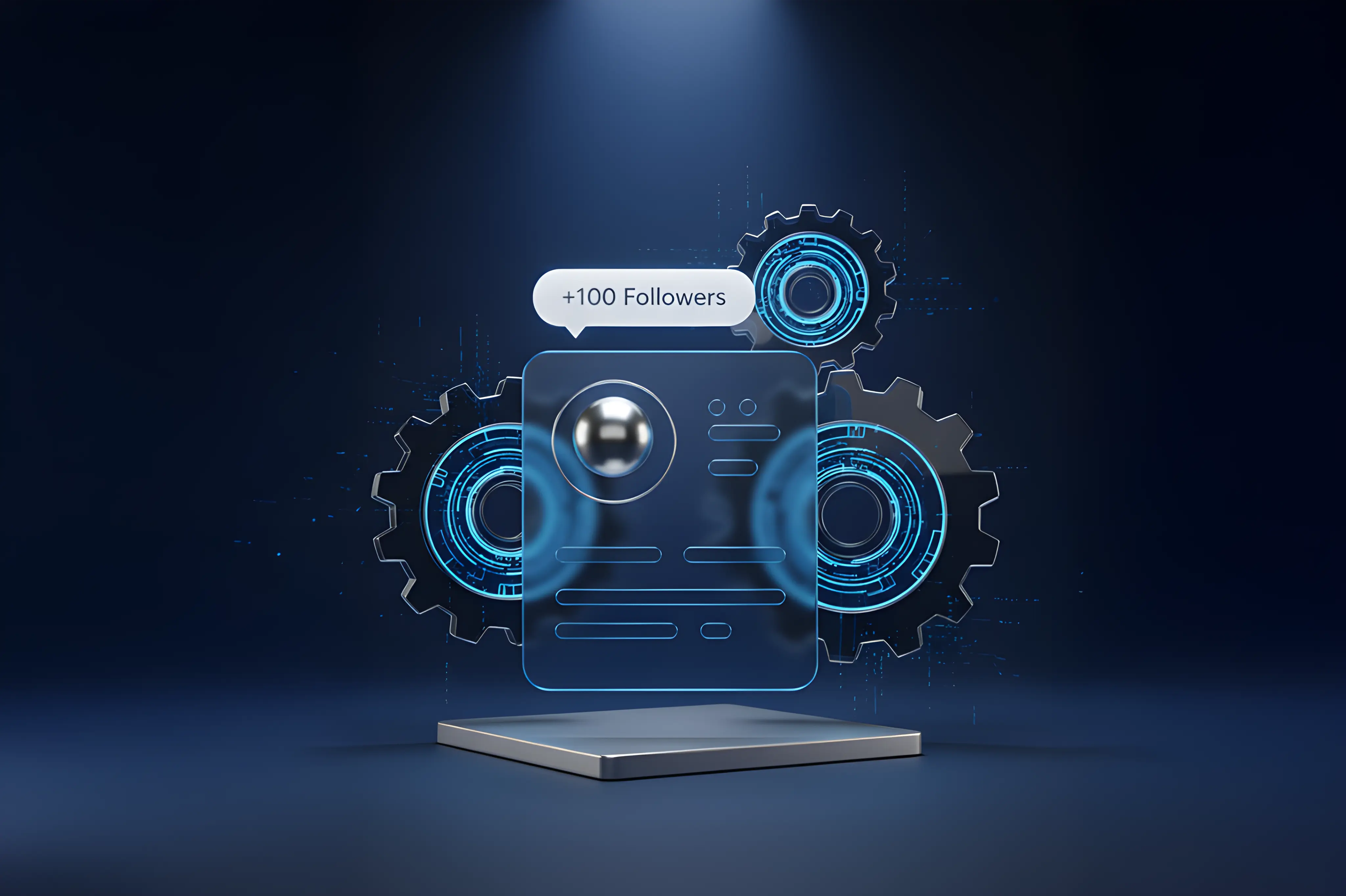 spotlight on a clear phone with vague outlines of a social media post and gears representing algorithms behind