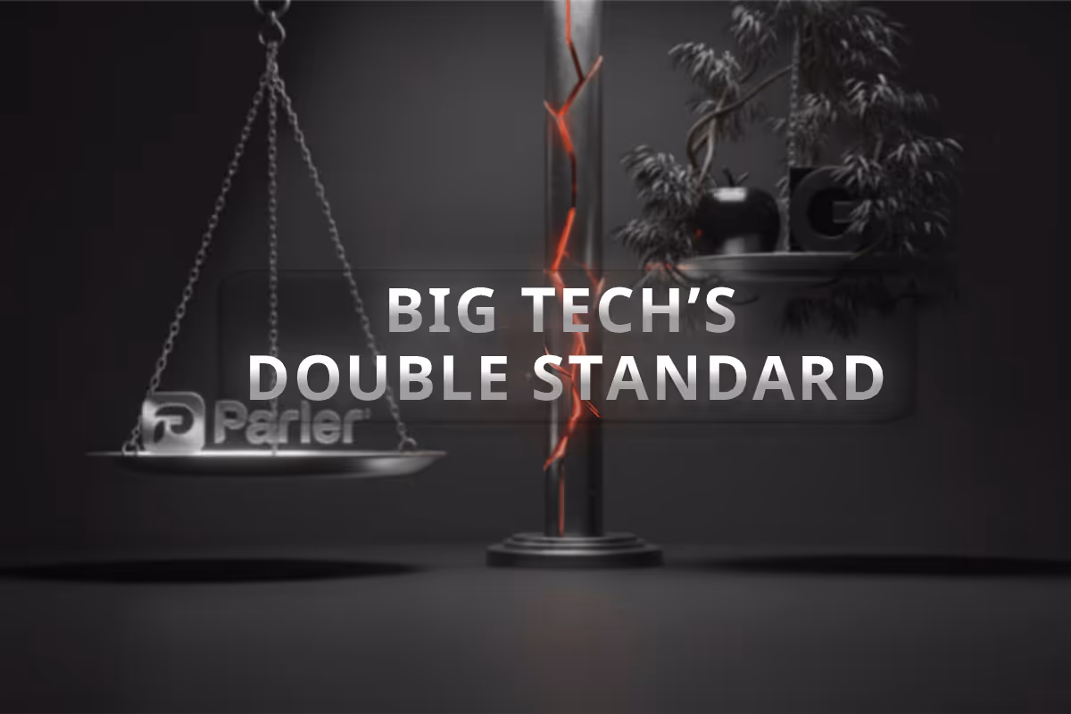 image of scales with symbolic images of big tech outweighing Parler on the lower scale