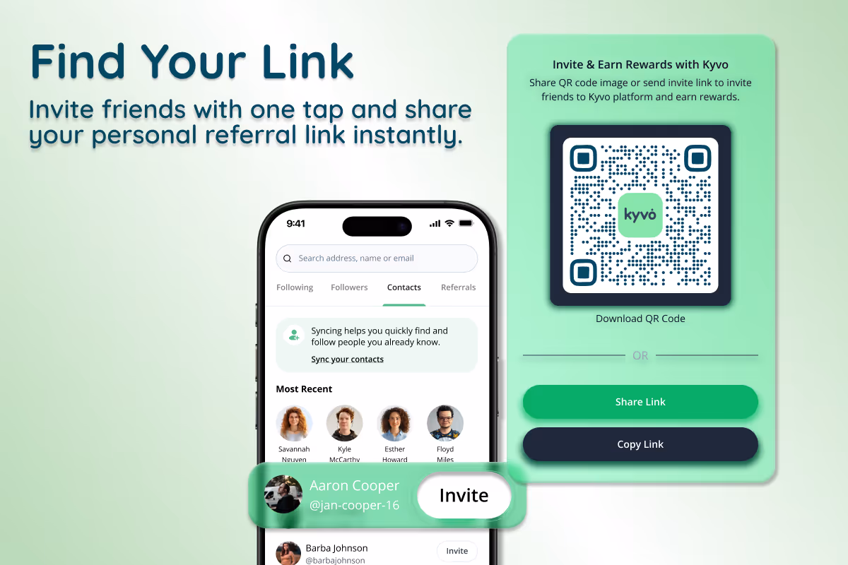 Kyvo showing share link flow_Tap Invite_ showing system share sheet with referral link